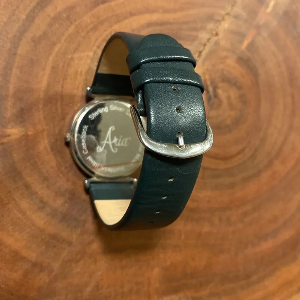 ARIA Sterling Silver Quartz Watch - Green Mother of Pearl Face & Leather‎ Band